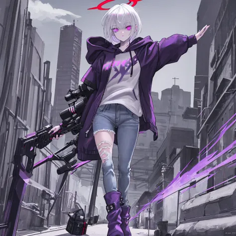 White hair, purple right eye, red left eye, black hoodie over , open front of hoodie, short hair, cute sleeves, purple halo, grey boots, denim jeans, expressionless, shotgun sling hanging from shoulder, heterochromatic eyes, 16 years old, 140cm tall, , 1 p...