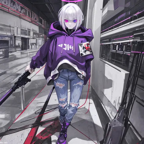 White hair, purple right eye, red left eye, black hoodie over , open front of hoodie, short hair, cute sleeves, purple halo, grey boots, denim jeans, expressionless, shotgun sling hanging from shoulder, heterochromatic eyes, 16 years old, 140cm tall, , 1 p...