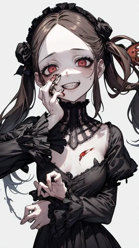 (Masterpiece: 1. 2, top quality), (live action, elaborate detail), (anatomically correct), (one girl, small breasts, open eyes, scary atmosphere, gothic lolita outfit, distorted expression, evil smile, bloody eyes, blood splatter, full body, twin tails, bl...