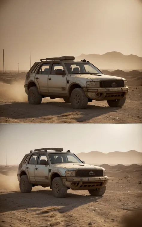 (Extremely detailed,best quality,high resolution:1.2),(Practical:1.37),Post-apocalyptic,desert wasteland,Desolate landscape,the ruined city,vehicle,sandstorm,blazing sunshine,dusty atmosphere,War-torn,Ragged clothes,尖刺vehicle,,Dystopia,desolate,Futuristic,...