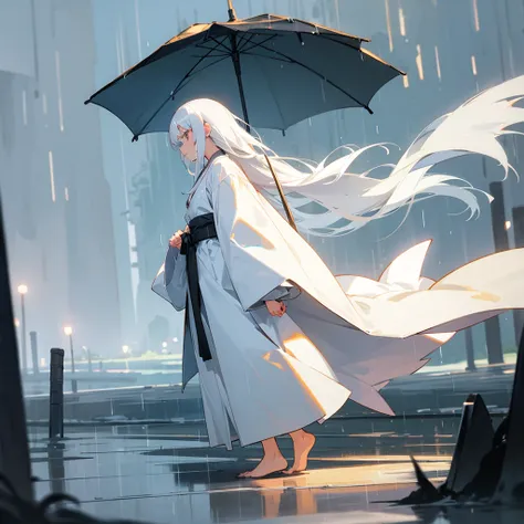 Girl，White robe that can touch the ground，Right，Long waist-length white hair，Barefoot，Standing in the rain