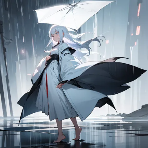 Girl，White robe that can touch the ground，Right，Long waist-length white hair，Barefoot，Standing in the rain