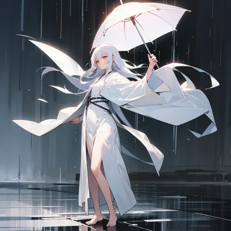 Girl，White robe that can touch the ground，Right，Long waist-length white hair，Barefoot，Standing in the rain