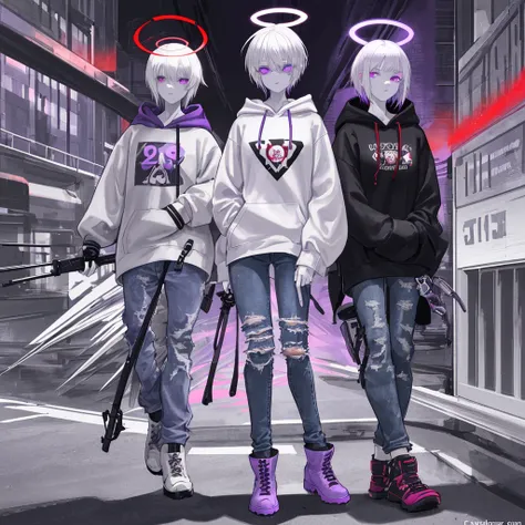 White hair, purple right eye, red left eye, black hoodie over , open front of hoodie, short hair, cute sleeves, purple halo, grey boots, denim jeans, expressionless, shotgun sling hanging from shoulder, heterochromatic eyes, 16 years old, 140cm tall, , 1 p...