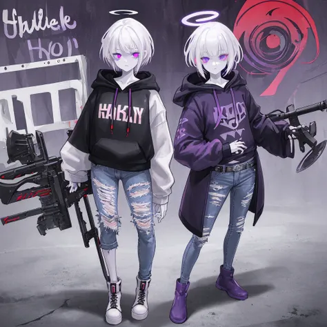 White hair, purple right eye, red left eye, black hoodie over , open front of hoodie, short hair, cute sleeves, purple halo, grey boots, denim jeans, expressionless, shotgun sling hanging from shoulder, heterochromatic eyes, 16 years old, 140cm tall, , 1 p...