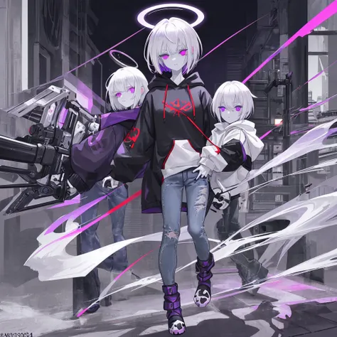 White hair, purple right eye, red left eye, black hoodie over , open front of hoodie, short hair, cute sleeves, purple halo, grey boots, denim jeans, expressionless, shotgun sling hanging from shoulder, heterochromatic eyes, 16 years old, 140cm tall, , 1 p...