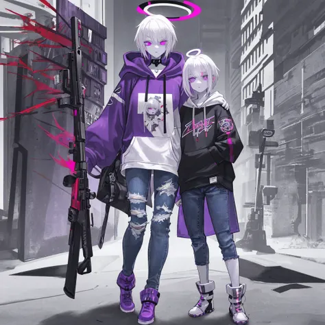 White hair, purple right eye, red left eye, black hoodie over , open front of hoodie, short hair, cute sleeves, purple halo, grey boots, denim jeans, expressionless, shotgun sling hanging from shoulder, heterochromatic eyes, 16 years old, 140cm tall, , 1 p...