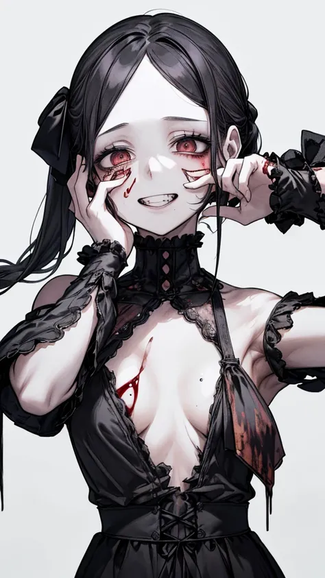 (Masterpiece: 1. 2, top quality), (live action, elaborate detail), (anatomically correct), (one girl, small breasts, open eyes, scary atmosphere, gothic lolita outfit, distorted expression, evil smile, bloody eyes, blood splatter, full body, twin tails, bl...