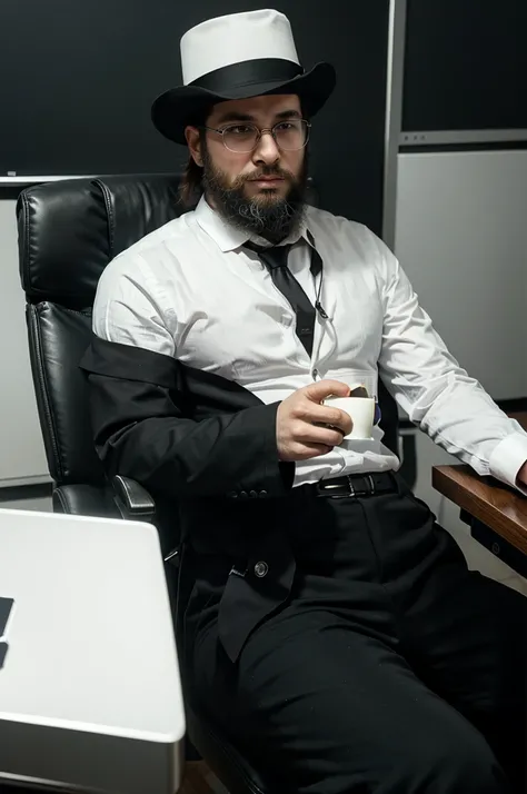 An ultra-Orthodox Jewish man with a beard wearing a white shirt and black pants that cover the entire leg sits on a fancy office chair and looks with pleasure and satisfaction at a robot that finishes drawing an amazing piece on the computer screen The ima...