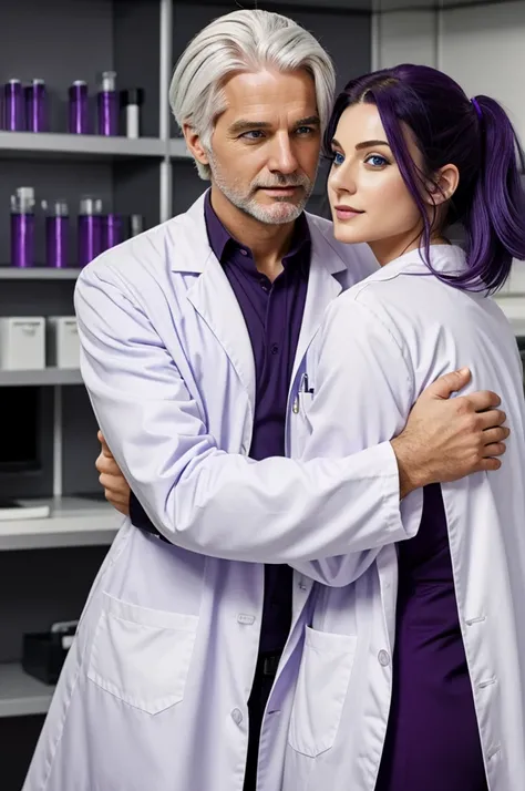 A white haired man, very high, blue eyes, in a lab coat hugging a woman, dark purple hair, dark purple eyes and short medium height