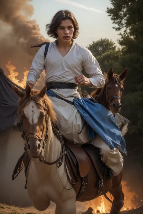 A young male twink, 19 years old, with a cute angel face, with makeup and black hair, wearing a medieval shirt with ties, a v-neck, and long sleeves, aquamarine in color, and white medieval pants. He is on the battlefield, riding on a horse, as if the hors...