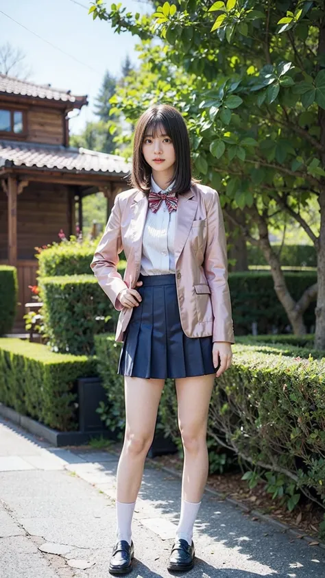 (8k、RAW Photos、Highest quality、masterpiece:1.2)、(Realistic、Realistic)、1 Girl、((mini skirt、whole body、Pink Blazer、チェック uniform、Navy Socks、loafers、garden、View from the front、Looking at the camera、Hands on your hips))、cute