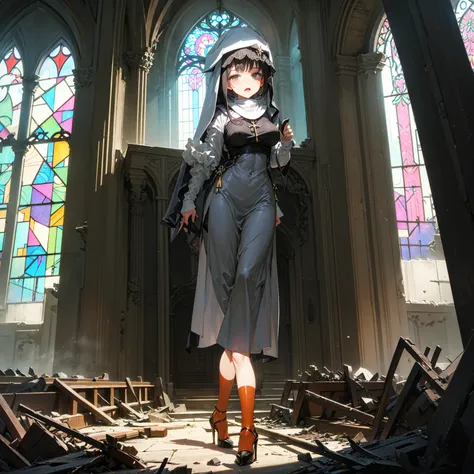 (solo), 1 skinny nun, (black sheer nuns robe), large breasts, stiletto heels, BREAK, black short hair, long sidelocks, black eyes, BREAK, short torso, skinny waist, skinny long legs, BREAK, old rotten church, devastated ruin, stained glass, BREAK, orgasm, ...