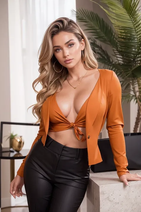 femme daffaires cokazienne TAILLEUR couleur caramel PANTALON MOULANT vue de dos((gros cul))décolleté chaud et chaud