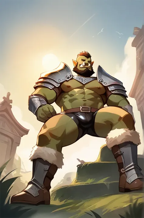 score_9, score_8_up, score_7_up, solo, male focus, muscle male, orc, green skin, tusks, beard, outdoors, micro armor , shoulder armor, armor boots , day, boots , (( black micro tight shorts )) , full body , laying spread legs , aroused by tentacles , tear ...