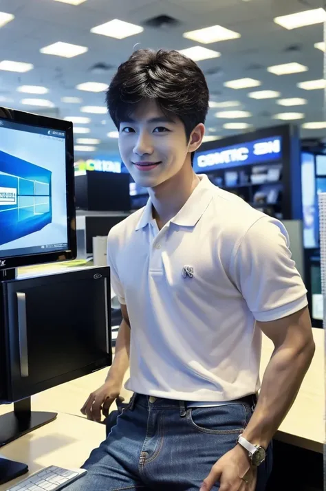 ((realistic daylight)) , (Young Korean man in a polo shirt) , Jeans, A handsome, muscular young Asian man looks at the camera.  , In a computer shop ,turn sideways, smile