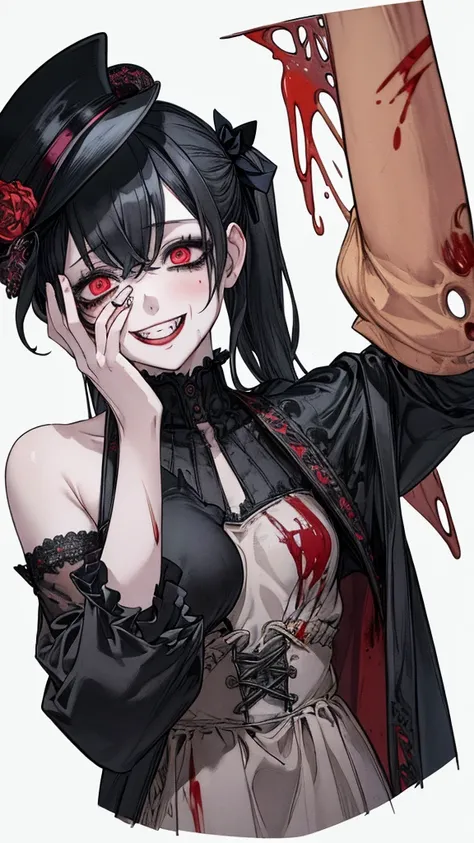 (Masterpiece: 1. 2, top quality), (live action, elaborate detail), (anatomically correct), (one girl, small breasts, open eyes, scary atmosphere, gothic lolita outfit, distorted expression, evil smile, bloody eyes, blood splatter, full body, twin tails, bl...