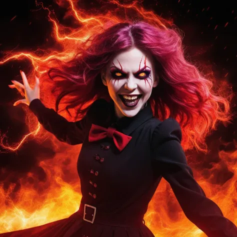 1 girl, flying hairs, red eye, Fire Witch, blood on the face, light particles, lightning, backdrop, colorful, high contrast, Vampir, grin, evil smile, psychopathic grin, Psychopathic smile, tilted head