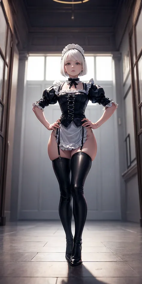 White hair, short bob hair, pinched eyes, thin legs, thin body, leather collar, maid outfit victorian, full body standing symmetrical, hands on hips, wide hips, view from below