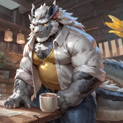 (artist: gamma_g, lindong, null-ghost, dangpa) 1male, sfw, eastern dragon, character design, bara, one fluffy tail, old man, flu...