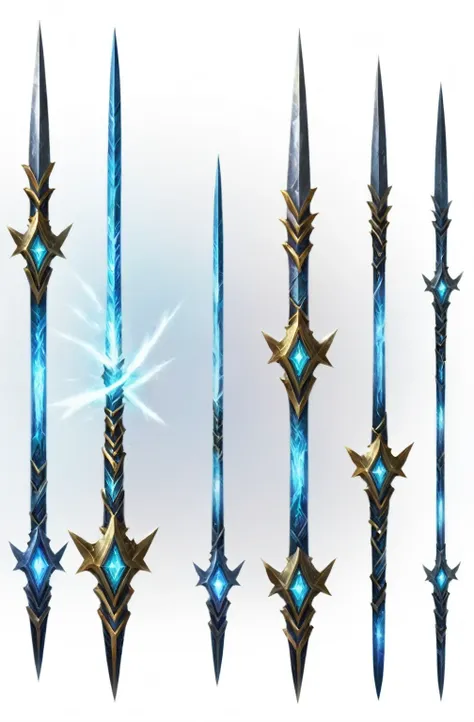 close up of a group of different types of swords, spear, gorgeous spikes, 错综复杂的幻想spear, world of warcraft blizzard weapon art, e...