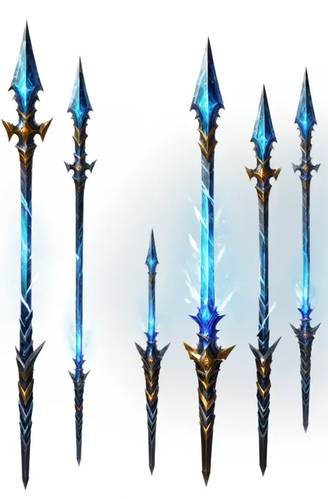 close up of a group of different types of swords, spear, gorgeous spikes, 错综复杂的幻想spear, world of warcraft blizzard weapon art, e...