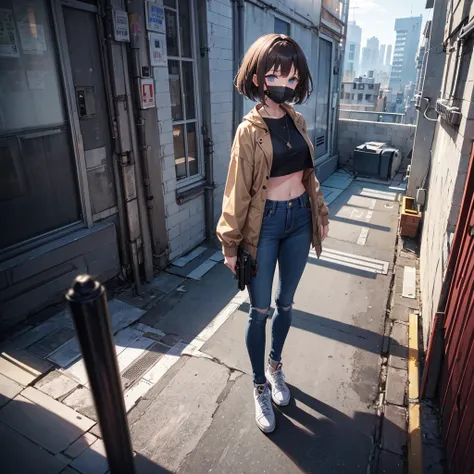 A girl wearing mask, brown short hair, a pistol in his hands, wearing a synthetic black crop top with a brown jacket and blue jeans, blue eyes, standing on a rooftop,centre of image,seeing towards viewers,half body shot,large image of girl,focused imageof ...