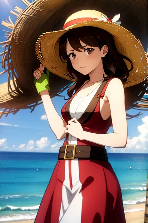 1 female, medium length brown hair, wearing pirate clothing, wearing straw hat with red band, at beach