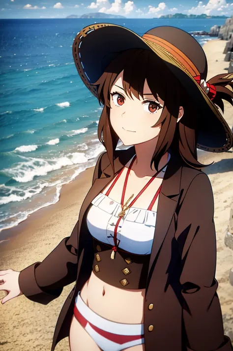 1 female, medium length brown hair, wearing pirate clothing, wearing straw hat with red band, at beach