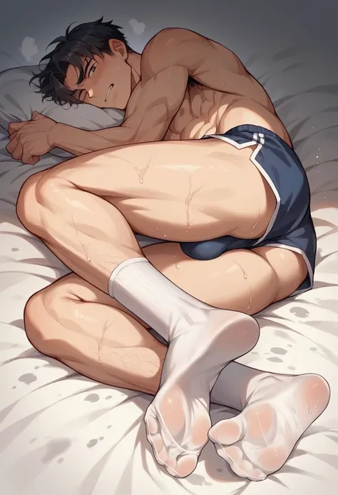 Anime boy showing his feet soles laying down in wet very sweaty white addias socks