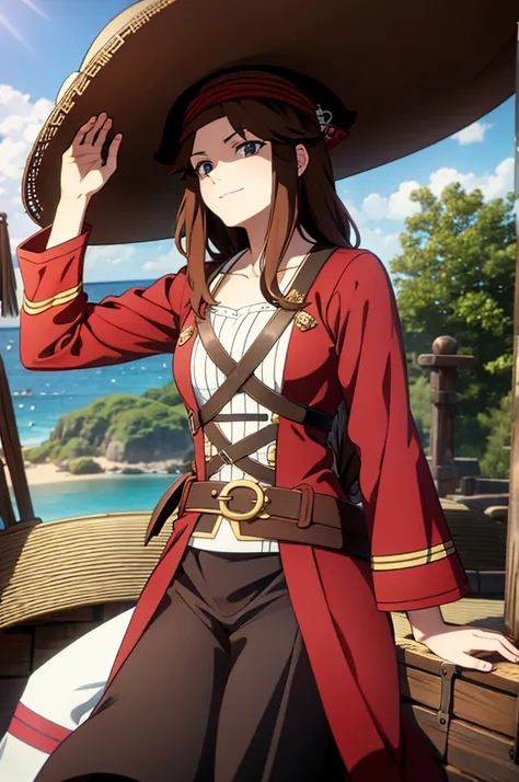 1 female, medium length brown hair, wearing pirate clothing, wearing straw hat with red band, on a pirate ship