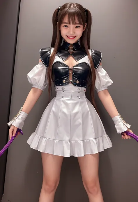 (((Pixel Perfect,Perfect in every detail))), A girl around 15 years old,smile,,NSWF,A cute leather whip，whip，cinematic，whipを手に持っている