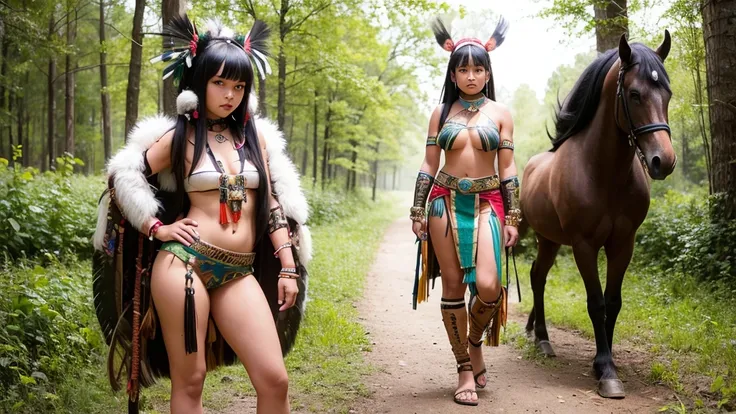 indigenous girl -HD photo - sexy photo -indigenous warrior- full body photo- beautiful legs- forest- high detailed- perfect face- straight black hair- straight bangs -snake- war paint- feather headdress- feathers- 18 years old- bow and arrow- horse- wind