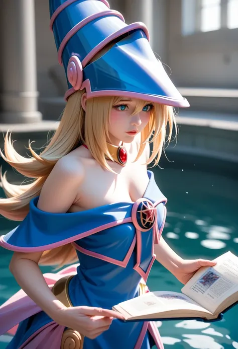 dark magician girl, masterpiece, best quality, (1 Girl), Solitary, (water), Long hair, Blonde Hair, Blue headdress, Wizard Hat, Spellcasting, castle, castle:2, Motion Blur, Book, magic, (moonlight:1.2), Chromatic Aberration, Depth of Field, Soft lighting, ...