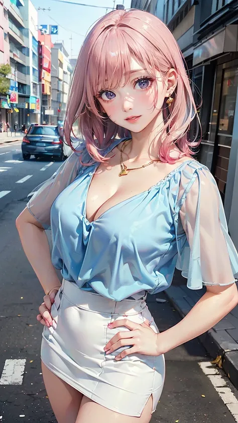 ((Highest quality, 8k, masterpiece :1.3)), (Sharp focus :1.2, Beautiful woman with perfect figure :1.4, Slim Abs), ((Big Breasts, Emphasize cleavage:1.2)), (Photorealistic:1.4), (realistic:1.4), (Pink Hair:1.5), Highly detailed face and skin texture, Fine ...