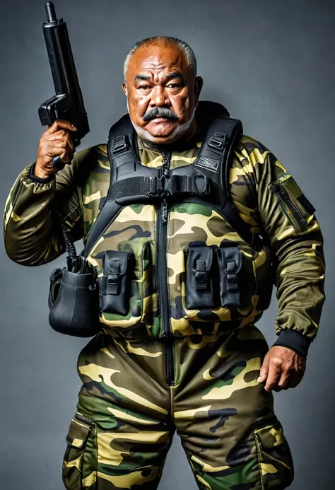 (a dark-skinned fat muscular moustached old man in a bulky camouflage zipper diver suit) saluting, carrying a gun, muscular, Basuki Abdullah, sumatraism, action, a character portrait, heroic, fierce, snarling, best quality