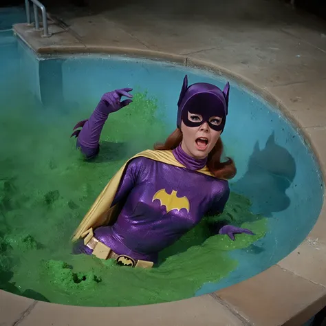 yvonne craig woman, sinking in a pool with green lava inside a lab. She screams with her eyes wide open, she looks for help, extent her arm trying to grab something to escape, she moves desperate, but half of her body is already cover by lava she is in pai...