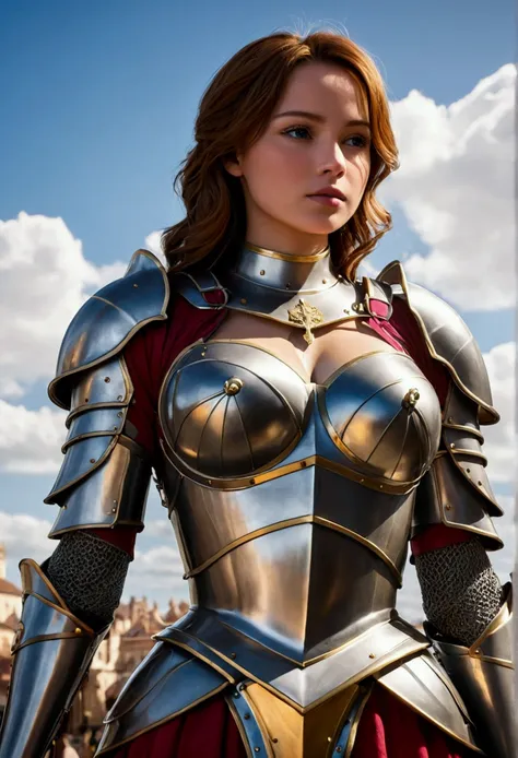 Royal Knights，The entire body is wrapped in luxurious heavy armor that covers everything from the neck down.，Point the knights sword at the sky，Sports Late，Cleavage close-up，Solemn，Large, protruding breasts，Curved waist、Armor to fit waist、moderate，Humble，C...