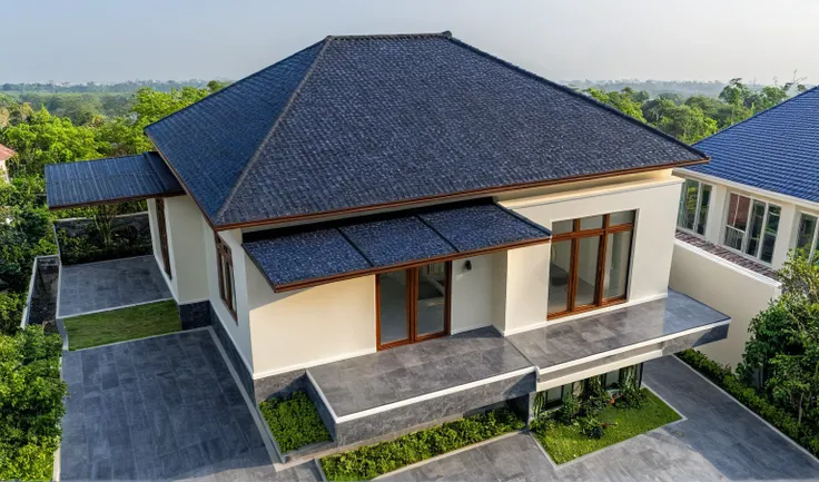 (masterpiece:1.2), best quality, photo of A two-story modern house in VietNam with dark tiles on the roof., dark granite tiled wall, neo classic detail, tree and plant environment,daylight, streetcapes, natural light, vivid color, The exterior of an elegan...