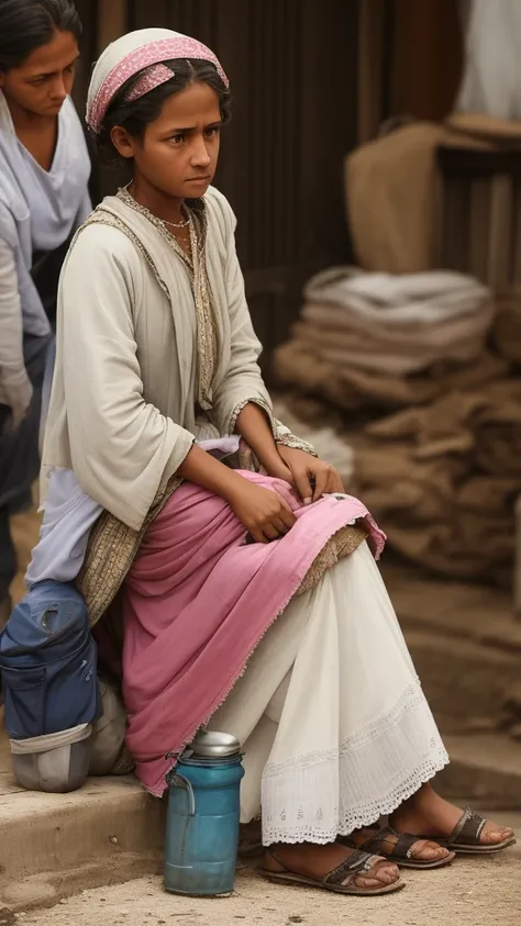 a woman, dressed in shabby clothes, was sitting on her knees, serving her parents, her face was pitiful, realistic