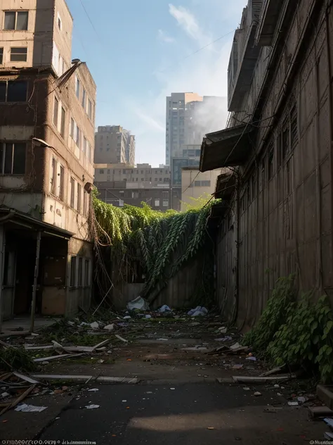 The photograph shows an apocalyptic street view of a financial center 150 years after the fall of human civilization. A man in rags looking for food. The buildings and streets are ruined and covered with lush vegetation up to the roof. There are rusty car ...