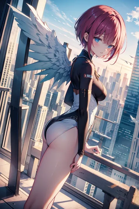 On top of a building、Overlooking the city、A fleeting expression、short hair、Small Wings、Shot from above、Concept Art、masterpiece、high resolution、Small breasts、Dynamic Angles、front