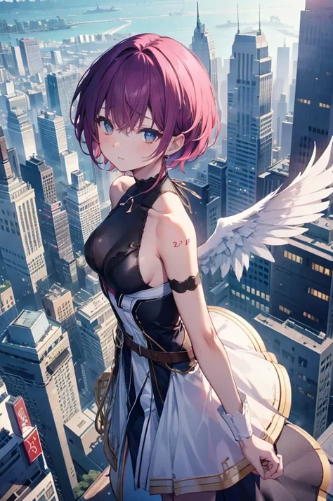 On top of a building、Overlooking the city、A fleeting expression、short hair、Small Wings、Shot from above、Concept Art、masterpiece、high resolution、Small breasts、Dynamic Angles、front