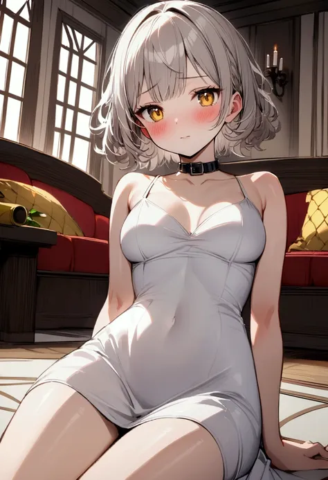 Girl with short fluffy ash hair. Yellow eyes. Calm face, simple white dress, black collar. On floor, fantasy house living room, slender body, blush, medium breasts