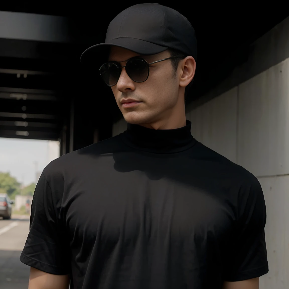 AI of a gentlemen wearing snap cap, black sun glasess with black t-shirt