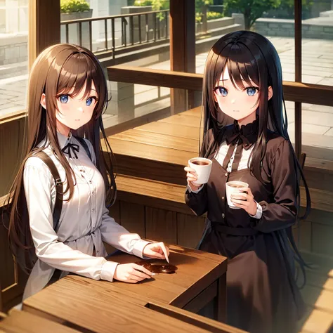 Long Hair、Beautiful eyes、woman、Wooden desk、Cafe、coffee、Contrasting sisters