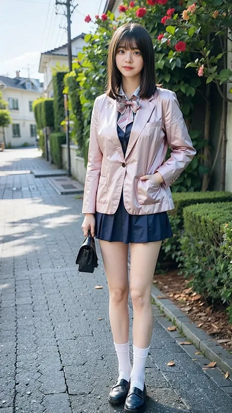 (8k、RAW Photos、Highest quality、masterpiece:1.2)、(Realistic、Realistic)、1 Girl、((mini skirt、whole body、Pink Blazer、チェック uniform、Navy Socks、loafers、garden、View from the front、Looking at the camera、Hands on your hips))、cute