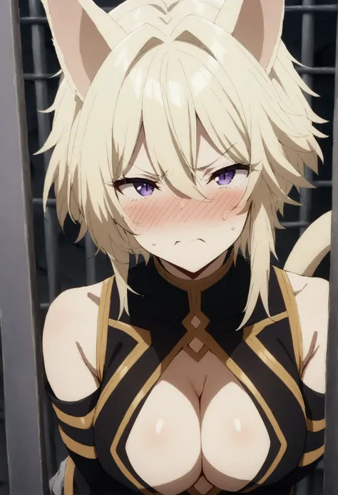 NSFW,masterpiece,Highest quality,High resolution,Very detailed,Zeta(I want to be a powerful figure behind the scenes！),Zeta,Animal ears、Purple Eyes、Blonde,short hair,gloves、Cleavage、tail、黒いgloves、Clothing cutouts、Cleavageの切り抜き,Handcuffed,Glare,Angry face,b...