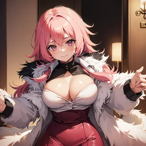 ((High quality)) 1 woman, pink fur, lifting up her shirt showing her bare nipples, big breasts, with a lustful smile, slightly muscular body, white office clothes,