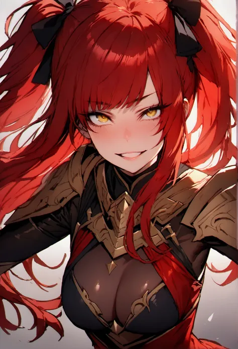 masterpiece, best quality 1girl, solo, beautiful woman, messy bangs, red hair, long hair, hair two side up by black bows , yellow eyes, grin, medium breasts, armour, fantasy dress,  looking at viewer.